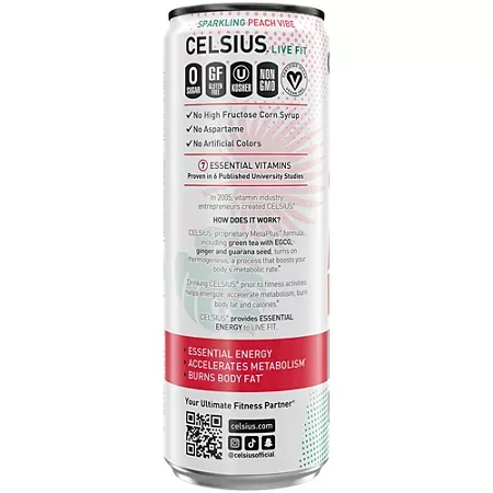 Celsius Sparkling Energy Drink - No Sugar or Preservatives - Peach Vibe 4 Celsius Sparkling Energy Drink - No Sugar or Preservatives - Peach Vibe