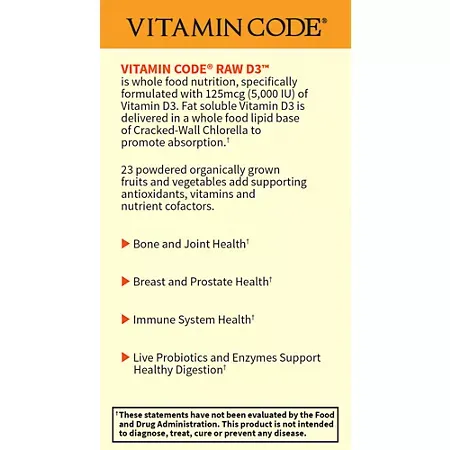 Vitamin Code Raw D3 – 5,000 IU of Whole Food Vitamin D3 (60 Vegetarian Capsules) 3 Vitamin Code Raw D3 – 5,000 IU of Whole Food Vitamin D3 (60 Vegetarian Capsules)